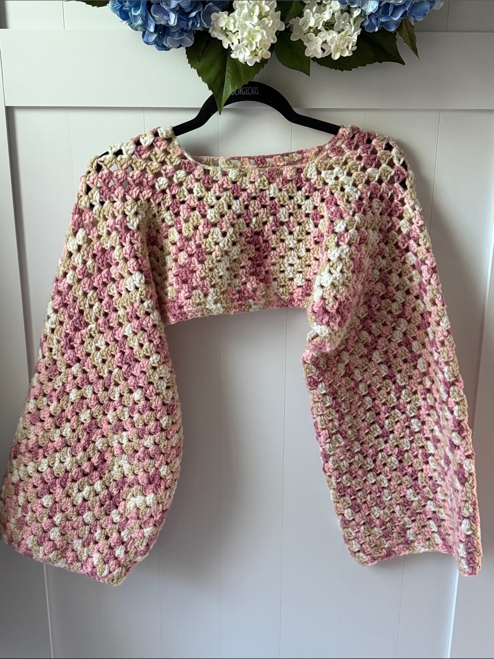 Handmade Crochet bolero in Pink, Cream & Tan